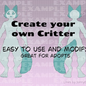 Puede incluir: Un diseño de criatura azul claro con el texto "Crea tu propia criatura, fácil de usar y modificar, ideal para adopciones". El diseño presenta una vista frontal y trasera de una criatura peluda con apariencia de zorro.
