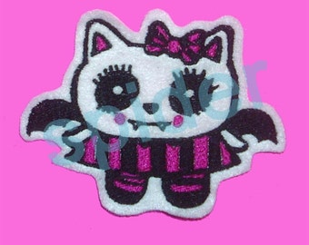 Vamp Kitty Embroidered Patch Fuchsia and Black Iron on Patch Embroidery Bat Cat Spooky Cutie Patches