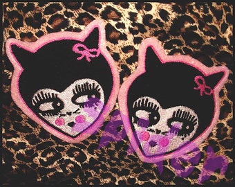 Meow Kitty   Embroiderd Patch Embroidery Iron On Patch Cat Patch Pink