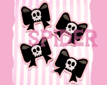 Dead Cute Iron on Patch Skull Bow Light Pink Black White Embroidered Embroidery