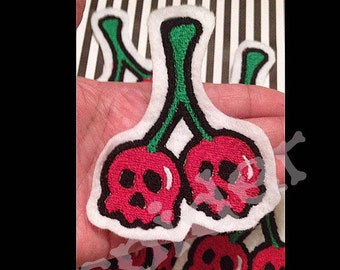 Skull Cherries  Iron on Patch  White Eco Felt  Embroidered Embroidery Rockabilly  Patches Iron on Patch Cherry
