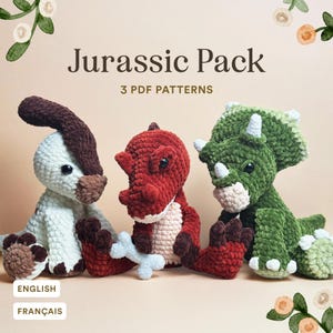 Jurassic Pack | 3 Dinosaurs plushies crochet easy beginner patterns | Triceratops Trex amigurumi | PDF low sew, cute and unique pattern