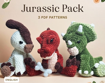 Jurassic Pack | 3 Dinosaurs plushies crochet easy beginner patterns | Triceratops Trex amigurumi | PDF low sew, cute and unique pattern