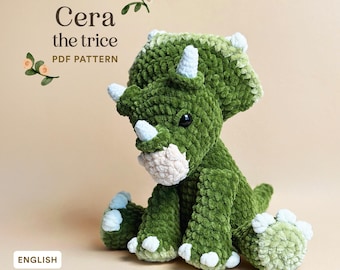 Cera the Triceratops | Dinosaur plushie crochet easy beginner pattern | Triceratops amigurumi | PDF low sew, cute and unique pattern