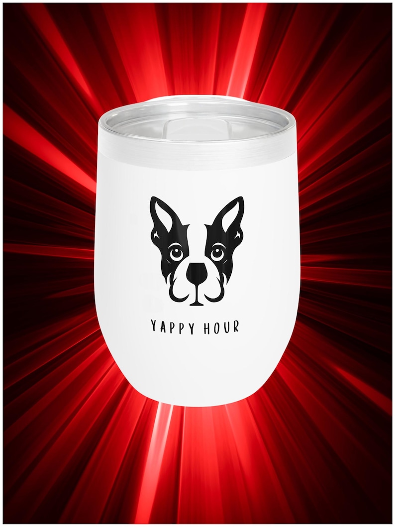 Weinbecher Boston Terrier: Lustiges Hund Mutter Geschenk, ""Yappy Hour"" Edelstahlbecher, ich denke an Sie Geschenk, Hundeliebhaber Geschenk, cooler Weinkühler." Bild 1