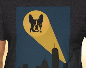 Boston Terrier Superhero T-Shirt: Funny Dog Graphic Tee, Crime Fighting Canine, Unisex Cotton Shirt, Comic Book Art, Dog Owner Gift, K9 Unit