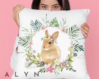 Easter Bunny Pillow, Floral Rabbit Home Decor, Spring Accent Cushion, Bunny Kisses, Easter Decor, Farmhouse Style, Cute Rabbit, Watercolor