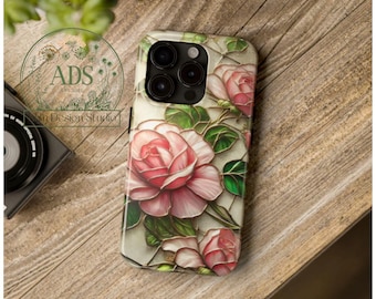 Stained Glass Roses Phone Case, Floral Tough Case, Protective Cover, Botanical Design, Unique Gift