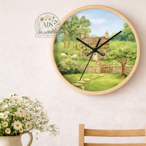 Countryside Cottage Illustration Wall Clock | Rustic Farmhouse Scene
