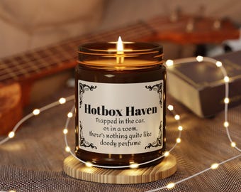 Candle, Hot Box Haven, Funny Fart Themed Scented Candle - Multi-Size, Amber Jar, Unique Gift, Hand Poured Candle, Natural