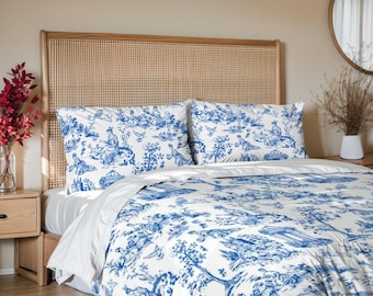 Blue Toile King, Queen, or Full Sized Duvet Cover Set - 2 Pillow Shams, Reversible, Soft Polyester Bedding