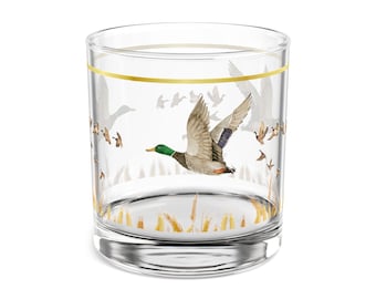 Vintage Look Hand Made Design Mallard Duck Rocks Glass, 10oz Scotch Glassware, Whiskey Tumbler, Barware, Gift for Hunter, Wildlife Decor