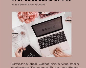 Pode incluir: Um computador portátil rosa e branco com teclado e trackpad. O laptop está em uma mesa branca com um buquê de rosas cor-de-rosa e um caderno preto. O texto "Erfahre das Geheimnis wie man mehrere Tausend Euro verdient!" é exibido abaixo da imagem.