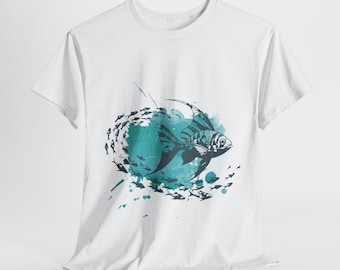 Fish Shirt - T-shirt bianca artigianale con disegno di pesce con acquerello - Ottimo regalo per gli amanti della spiaggia e gli amanti dell'acqua