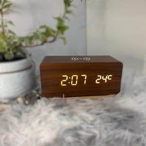 Wireless Charging capable laser Engraved Wooden Alarm Clock • LED Display • 12/24H Display