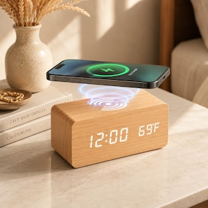 Wireless Charging Laser Engraved Wooden Alarm Clock • Digital Display, Temperature, Calendar | Housewarming gift