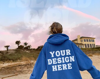 Oversized Gildan 18500 hoodie mockup, Royal Blue Gildan 18500 mockup, Back hoodie mockup, Aesthetic beach Gildan 18500 mockup, G18500 mockup