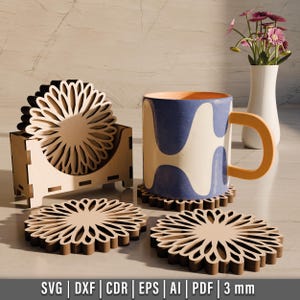 Laser Cut Coaster and Holder SVG File, Set of 6 Round Coasters with Vertical Holder Template, Stylish Coaster Set for Home and Office