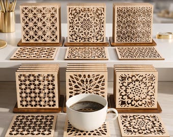 レーザーカットコースターバンドルSVG、木製コースターパターン、6つの正方形コースターデザイン、Glowforge、Cricut、CNCファイル、デジタルファイル