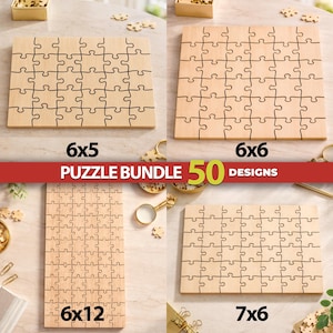 May include: A collection of four light-colored wooden jigsaw puzzles in various rectangular and square grid configurations, labeled 6x5, 6x6, 6x12, and 7x6, with a central red banner displaying the text PUZZLE BUNDLE 50 DESIGNS.