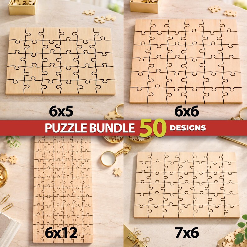 May include: A collection of four light-colored wooden jigsaw puzzles in various rectangular and square grid configurations, labeled 6x5, 6x6, 6x12, and 7x6, with a central red banner displaying the text PUZZLE BUNDLE 50 DESIGNS.