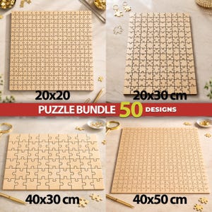 May include: Four blank wooden jigsaw puzzles in various rectangular and square sizes, labeled 20x20, 20x30 cm, 40x30 cm, and 40x50 cm. The text PUZZLE BUNDLE 50 DESIGNS is displayed prominently in the center of the image.