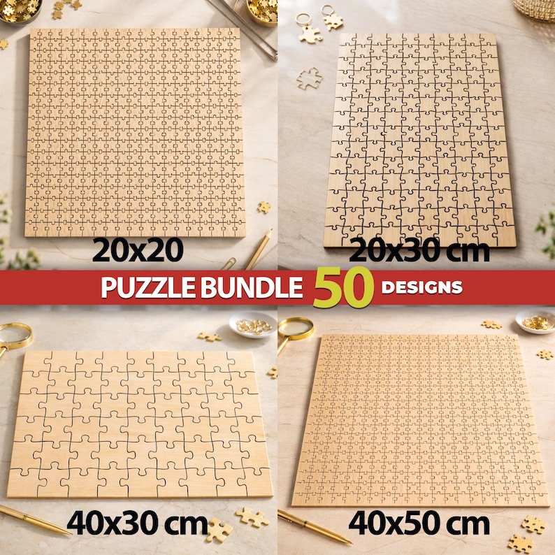 May include: Four blank wooden jigsaw puzzles in various rectangular and square sizes, labeled 20x20, 20x30 cm, 40x30 cm, and 40x50 cm. The text PUZZLE BUNDLE 50 DESIGNS is displayed prominently in the center of the image.