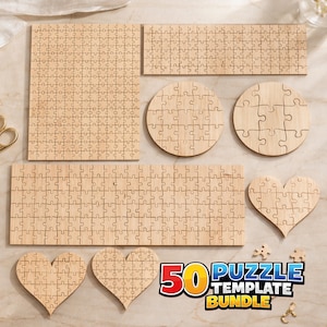 May include: A collection of unfinished wooden jigsaw puzzles in various shapes including rectangles, circles, and hearts. The set features a large rectangular puzzle, a long horizontal puzzle, two circular puzzles, and three heart-shaped puzzles.