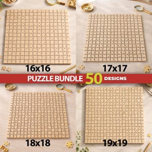 May include: A puzzle bundle featuring 50 designs with four square wooden puzzles shown in 16x16, 17x17, 18x18, and 19x19 grid configurations. The image displays the text PUZZLE BUNDLE 50 DESIGNS in a red banner across the center of the layout.