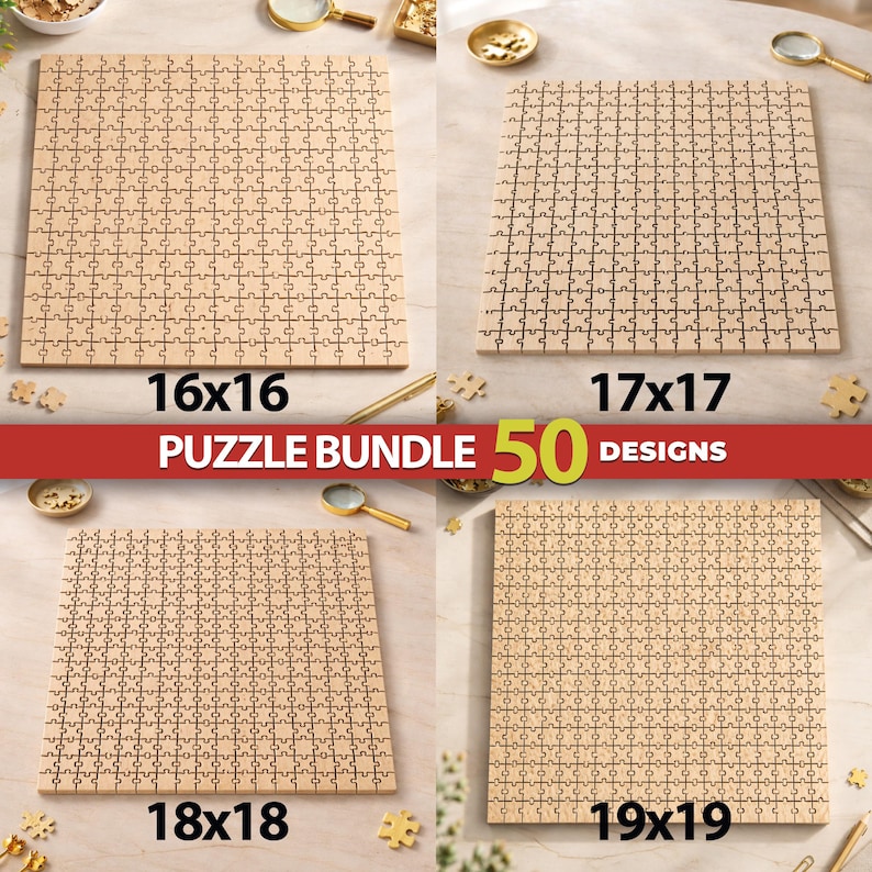 May include: A puzzle bundle featuring 50 designs with four square wooden puzzles shown in 16x16, 17x17, 18x18, and 19x19 grid configurations. The image displays the text PUZZLE BUNDLE 50 DESIGNS in a red banner across the center of the layout.
