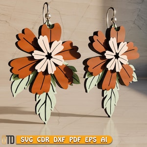 Laser Cut Layered Floral Earrings Design, Wood Earring SVG, Laser Cut File, Digital Download