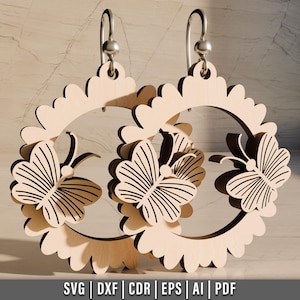 Diseño de pendientes de mariposa en capas cortados con láser, pendientes de madera SVG, archivo cortado con láser, descarga digital