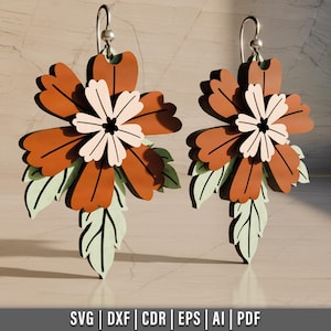 Diseño de aretes florales en capas cortados con láser, aretes de madera SVG, archivo cortado con láser, descarga digital