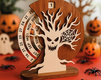 Halloween Perpetual Calendar SVG, Spooky Tree Laser Cut File for Glowforge Cricut CNC, Wooden Desk Calendar Pattern, Digital Download
