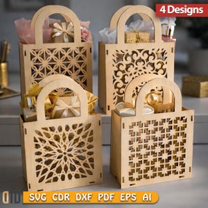 Laserskuren träpresentpåse SVG-paket, dekorativa presentaskfiler för Glowforge, Cricut, CNC, trämönster, digital nedladdning
