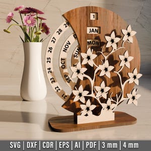 Calendario perpetuo in legno tagliato al laser, file SVG per il desktop dell'ufficio, modello digitale per calendario perpetuo, design per l'arredamento dell'ufficio, decorazioni per la scrivania
