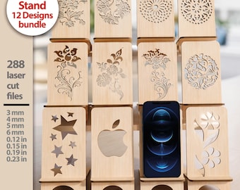 Laser Cut Phone Stand Bundle SVG, 12 Phone Stand Designs, Wooden Phone Holder CNC Files, Glowforge, Cricut Laser Patterns, Digital Download
