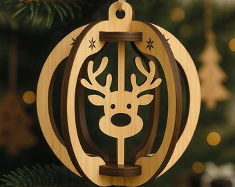 Laser Cut Reindeer Ornament SVG, 3D Wooden Christmas Decoration Pattern, Glowforge, CNC File, Wood Decoration Template, Hanging Ornament