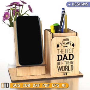 Porta-lápis com suporte para celular, arquivo SVG, modelo digital para suporte de celular, dia dos pais, decoração de mesa, arquivo cortado a laser