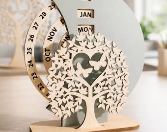 Archivo de corte láser de calendario perpetuo, calendario de escritorio de madera SVG, patrón de madera CNC y Glowforge, descarga instantánea