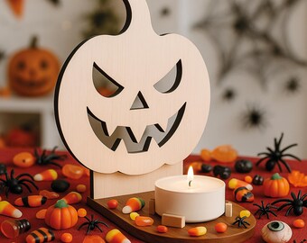 Portavelas de Halloween cortado con láser SVG, Calabaza Jack-O'-Lantern SVG, Glowforge, Cricut, archivo digital CNC