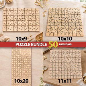 May include: A puzzle bundle featuring 50 designs of blank wooden jigsaw puzzles in various rectangular and square configurations, labeled 10x9, 10x10, 10x20, and 11x11, showcasing natural wood grain textures and interlocking puzzle piece patterns.