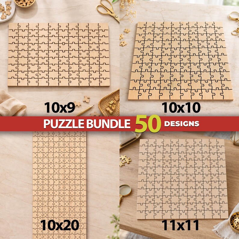 May include: A puzzle bundle featuring 50 designs of blank wooden jigsaw puzzles in various rectangular and square configurations, labeled 10x9, 10x10, 10x20, and 11x11, showcasing natural wood grain textures and interlocking puzzle piece patterns.