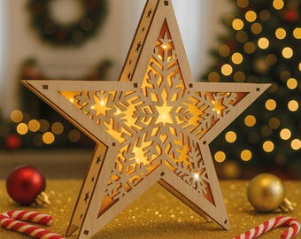 Christmas Star Lantern SVG, 3D Layered Snowflake Lamp Template, Laser Cut Files for Glowforge Cricut CNC, Wood Star Light Decor