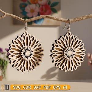 Laser Cut Layered Floral Earrings Design, Wood Earring SVG, Laser Cut File, Digital Download