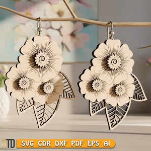 Conception de boucles d'oreilles florales en couches découpées au laser, boucle d'oreille en bois SVG, fichier découpé au laser, téléchargement numérique