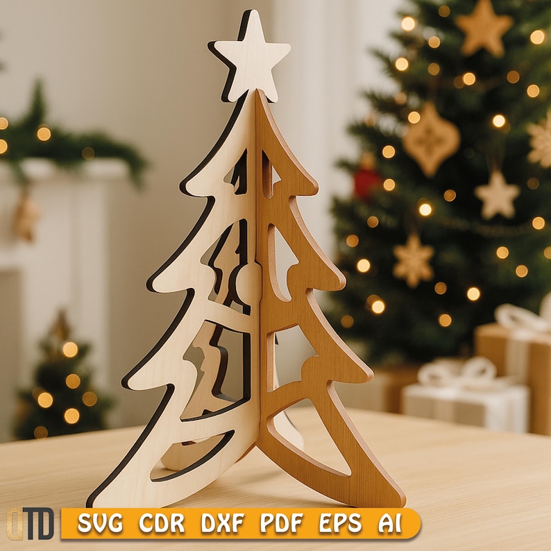 May include: A wooden Christmas tree decoration with a star on top. The tree is made of light brown wood with dark brown edges and cut-out designs. The tree is approximately 12 inches tall. The image also includes text at the bottom: SVG CDR DXF PDF EPS AI.