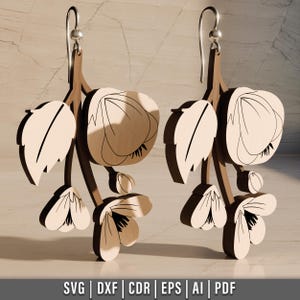 Diseño de aretes florales en capas cortados con láser, aretes de madera SVG, archivo cortado con láser, descarga digital