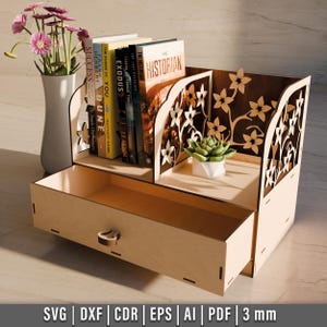 Laser Cut Small Tabletop Bookcase With Drawer SVG File, Bookcase Digital Template, Office Decor Design, Desk Decor, Laser Cut File