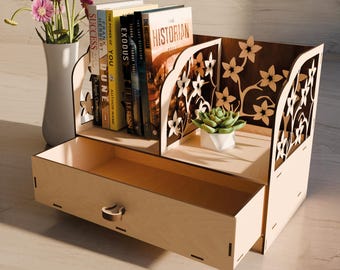 Laser Cut Small Tabletop Bookcase With Drawer SVG File, Bookcase Digital Template, Office Decor Design, Desk Decor, Laser Cut File
